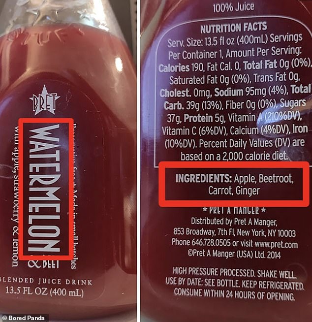 Elsewhere, someone bought a watermelon and beetroot juice from British brand Pret, but realized watermelon wasn't listed as an ingredient