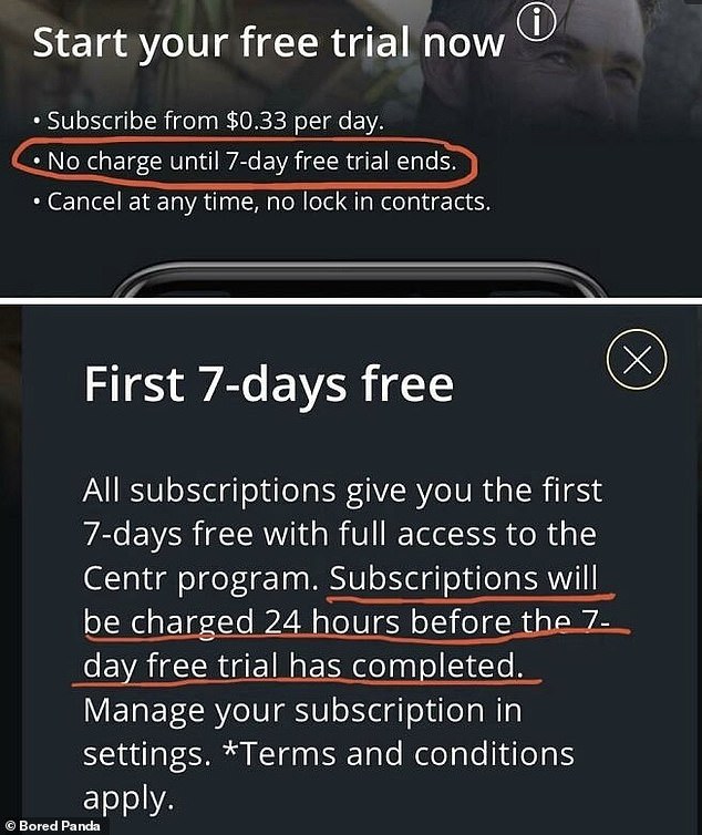 Meanwhile, Chris Hemsworth's Centr app charged people on day six of a seven-day free trial