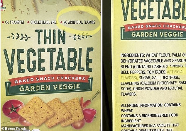 A box of crackers from the US claimed to have 'no artificial flavours', but they are listed in the ingredients