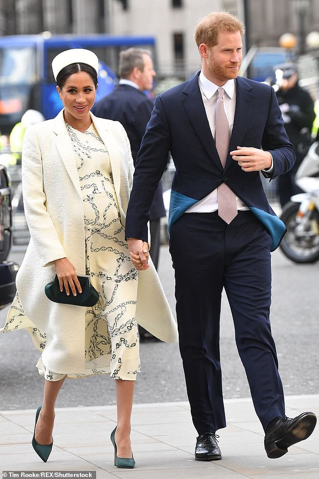 Victoria produced a bespoke white coat and dress for Meghan in 2020, which she wore during her final appearance at Westminster Abbey in March that year (pictured)