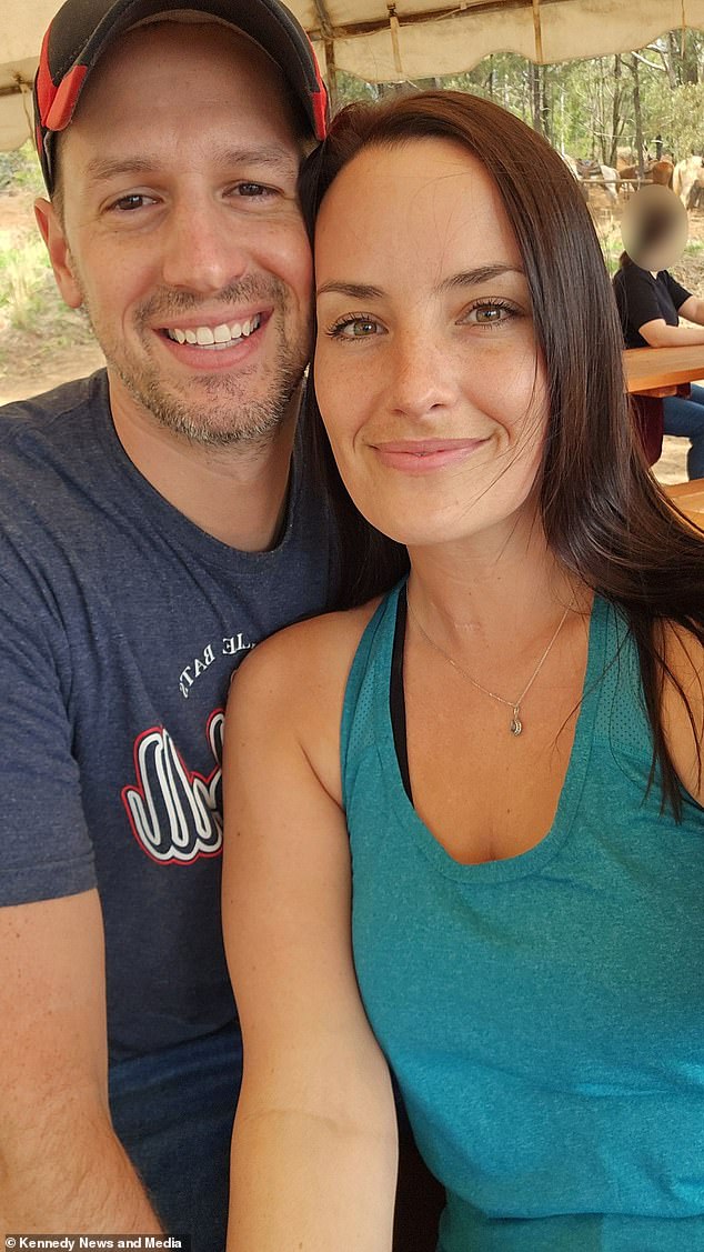 Barely able to breathe or swallow whole food, Jessica lost six pounds in less than a week due to the foreign object secretly lurking in her throat (pictured with her husband Jason Doster, 36)