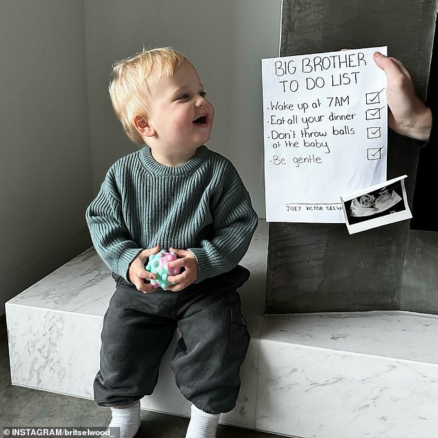 The couple announced the news on Instagram on Tuesday evening, alongside a photo of their 16-month-old son Joey looking at a 'big brother to do list' and an ultrasound scan.  Big brother's list of chores included: waking up at 7 a.m.;  eat all your dinner;  don't throw balls at the baby and be gentle.  All the boxes were checked.  Pictured