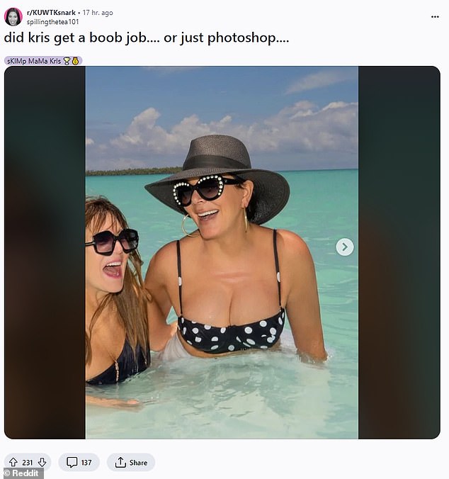 But fans were immediately suspicious of the photo, speculating that the mother-of-six had edited her figure, with one taking to Reddit to post the photo with the caption: 'Did Kris get a boob job... or just photoshopping ?  ...?'