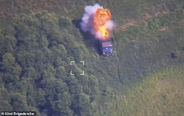 Aerial drone footage shows the military column dispersing after the first hits, but the Ukrainian drone operators chased the dispersed vehicles