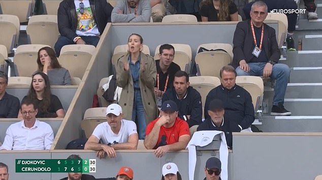 Jelena stood up in the players' box and reacted after Djokovic dropped a point on serve