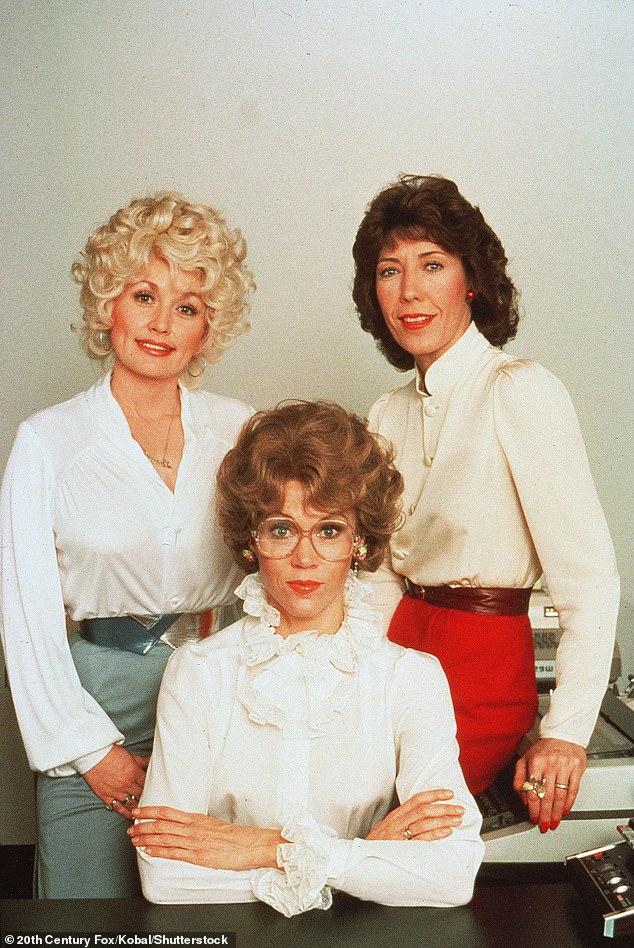 Parton pictured with Jane Fonda and Lily Tomlin in the 1980 film 9 to 5