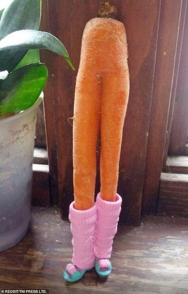 Elsewhere, an anonymous individual decided to have some fun with their oddly shaped vegetable, dressing the orange item in doll-sized leg warmers and heels.