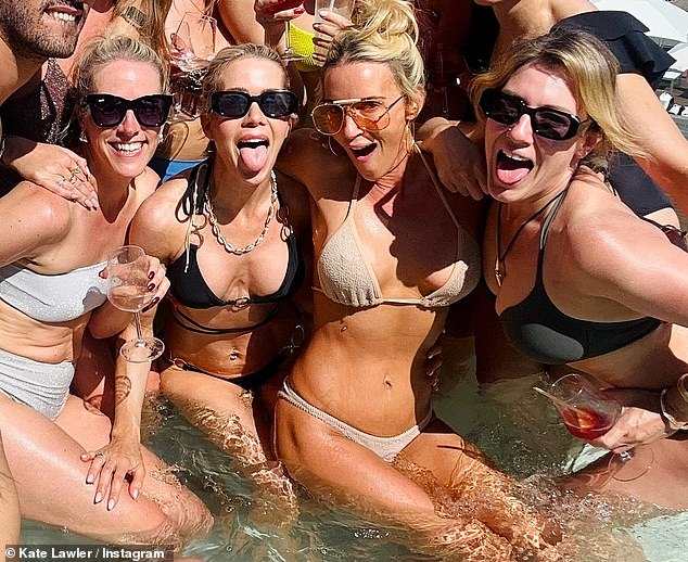 Kate further accessorized the look with a seashell necklace and a pair of black oversized sunglasses as she partied in a hot tub with the large bachelorette party.