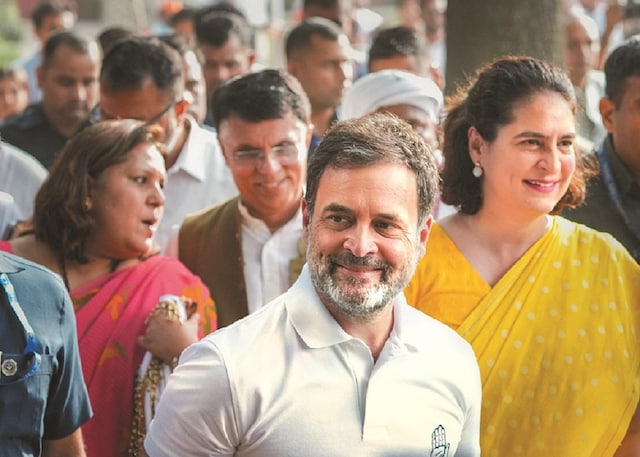 Senior Congress leaders Rahul Gandhi and Priyanka Gandhi Vadra at the party headquarters in New Delhi, after the INDIA bloc's strong showing in the Lok Sabha polls