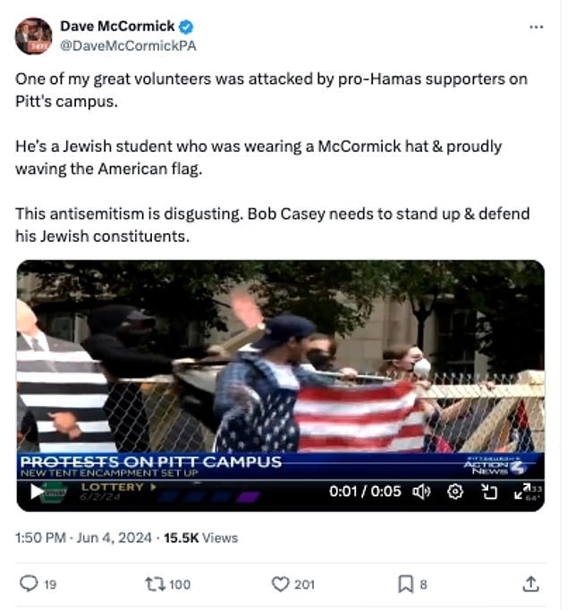 GOP Senate hopeful Dave McCormick shared the video of Jewish Pitt student and campaign volunteer Reuben Rochkind wearing a McCormick hat and holding an American flag before he was attacked Sunday