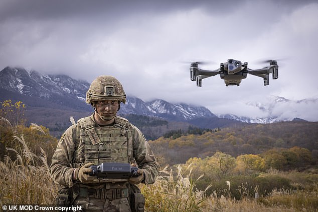 A soldier from the 3rd Battalion, Royal Regiment of Scotland, pilots the Parrot Anafi drone to identify targets during the Live Firing Tactical Training phase of Exercise Vigilant Isles on November 18, 2023