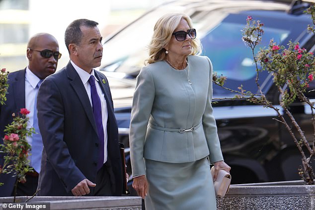 Ziegler did not respond to Cohen as she walked into the courtroom to take a seat next to First Lady Jill Biden (photo as she walks into the courtroom today)