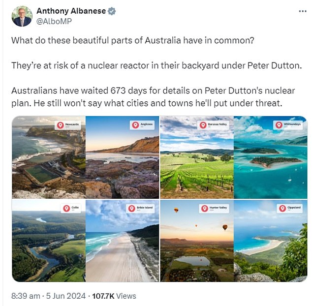 Mr Albanese called out opposition leader Peter Dutton's nuclear plan on social media platform X, formerly Twitter, on Wednesday.