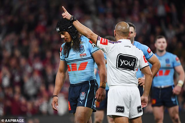 NSW had just lost the series - and Luai was sent off (pictured) after a scuffle with Maroons x-factor Reece Walsh