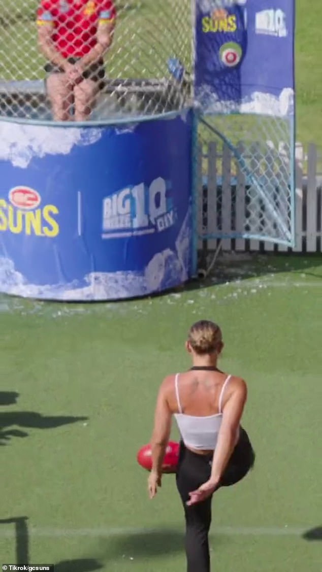 In a TikTok video from the team's official account, Tammy attempted to kick a Sherrin into a dunk tank.  But the ball went the opposite way, swinging toward innocent bystanders in the crowd