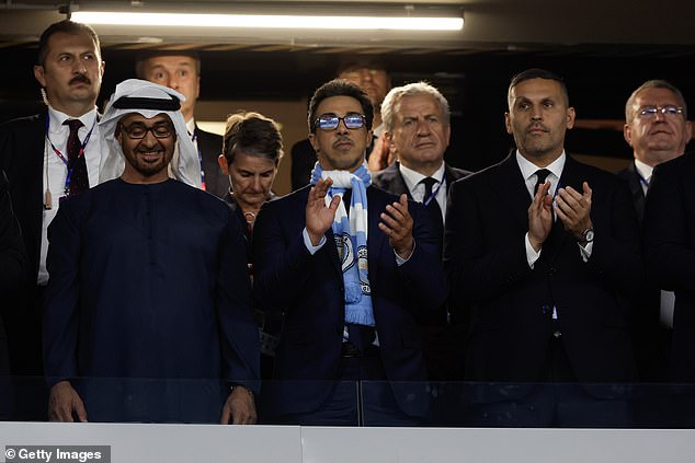 Man City owner Sheikh Mansour (centre), pictured next to chairman Khaldoon Al Mubarrak (right) in 2023