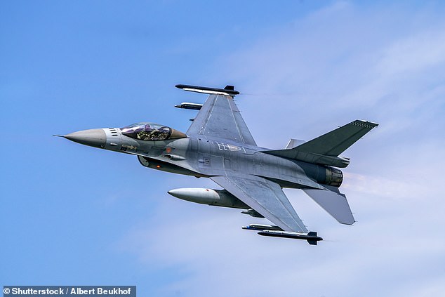 The MP's nuclear saber-rattling comes days after the Netherlands said it would allow the Ukrainian air force to use its 24 F-16 fighter jets to carry out attacks in Russia (Royal Air Force F16 fighter jet is pictured)