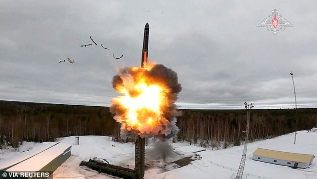 A Yars intercontinental ballistic nuclear missile is fired during a training from the Plesetsk cosmodrome in the Northern Arkhangelsk region, Russia, in this still image from a video released on March 1, 2024