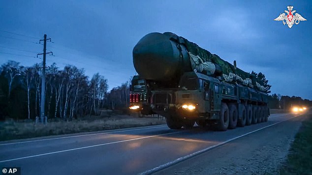 In this photo released by the press service of the Russian Ministry of Defense on Friday, May 17, 2024, a Yars intercontinental ballistic missile launcher is seen during a military exercise in Russia