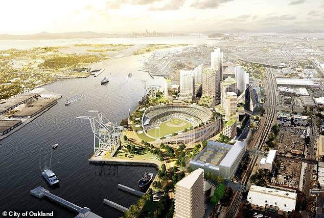 The mockup of the proposed Oakland A stadium at Howard Terminal near Jack London Square, where Buck Wild Brewing was located