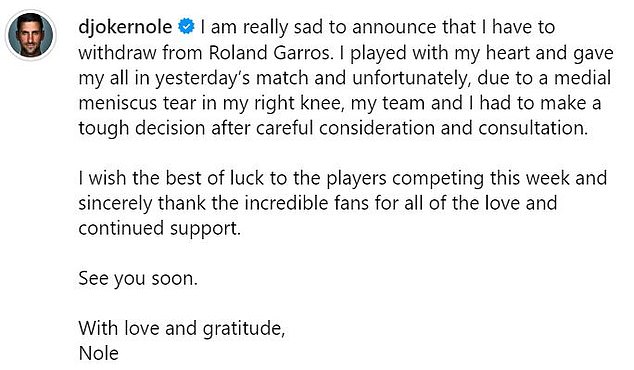 He announced on Instagram after the match that he was 'really sad' to withdraw from the tournament in France