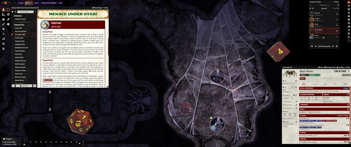 A virtual tabletop battle map, featuring a spider web covered cave.  The information for a giant spider opponent is being looked up. 