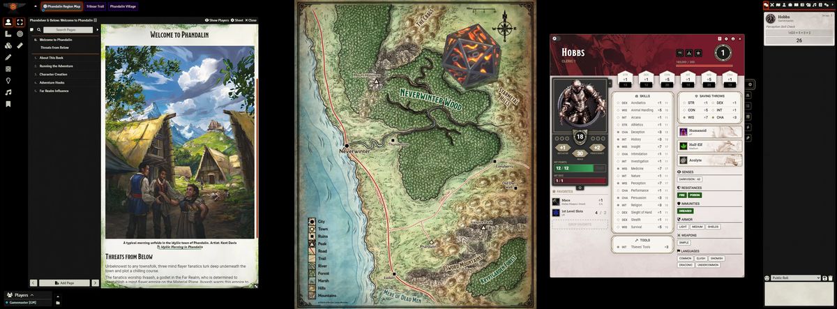 A screenshot showing a page from a D&D sourcebook, a map of the Neverwinter Wood, and a character sheet