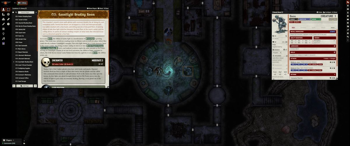 A virtual tabletop map with a dark, creepy environment and two panels of information. 