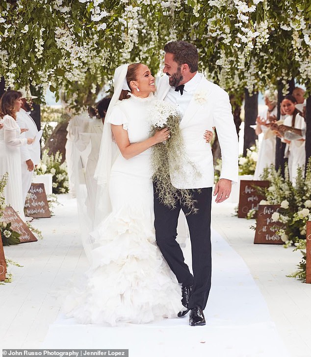 They rekindled in 2021 and tied the knot in a Las Vegas ceremony the following July, before hosting a lavish wedding at Affleck's Georgia estate in August 2022 (pictured)