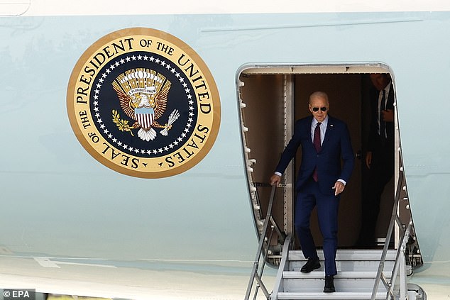 US President Joe Biden steps off 'Air Force One' as he arrives at Orly Airport in Paris ahead of the D-Day commemorations