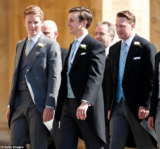 Hugh Grosvenor, Duke of Westminster, Charlie van Straubenzee and Arthur Landon attend Prince Harry's wedding to Ms Meghan Markle at St George's Chapel, Windsor Castle