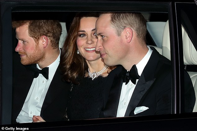 Prince Harry, Catherine, Duchess of Cambridge and Prince William, Duke of Cambridge arrive at Windsor Castle to attend Queen Elizabeth II and Prince Philip's wedding anniversary dinner