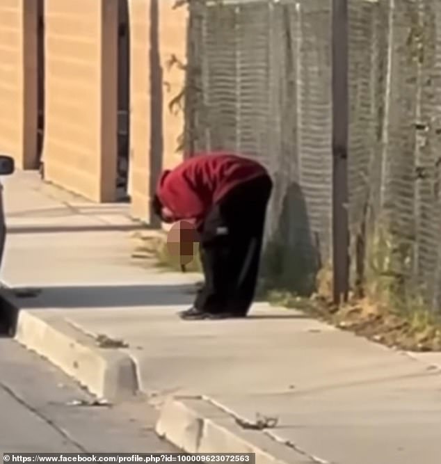 Shocked onlookers watched as the man bent over and sniffed the leg before waving it through the streets of Wasco, California.