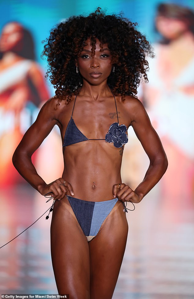 Milus Rose also showed a two-tone denim bikini with one bra cup consisting of a rosette