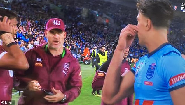 Myles (left) repeatedly shouted 'enjoy your f**king debut' at Sua'ali'i (right) and only stopped his outburst when confronted by an NRL official