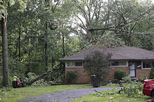 Workers remove portions of trees at a home on Hubbard Street after a storm in Livonia, Michigan, Wednesday, June 5, 2024