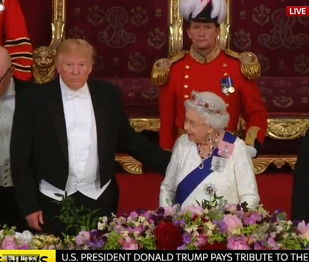 President Trump broke protocol by appearing to pat the Queen on the shoulder as she stood up to toast him