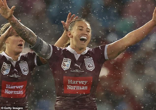 Julia Robinson of the Maroons celebrates the team's victory during match two at McDonald Jones Stadium in Newcastle