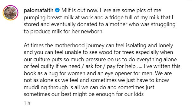 She also shared a photo of her milk stored in the fridge, adding: 'Sometimes the journey of motherhood can feel isolating and lonely and you can feel like you can't see the forest for the trees, especially when our culture puts so much pressure on us to do.  doing everything alone or feeling guilty when we need/ask for/pay for help….'