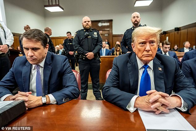 Former President Donald Trump in the Manhattan Criminal Court chamber with his attorney Todd Blanche.  Trump spent most of his days in this courtroom here in May