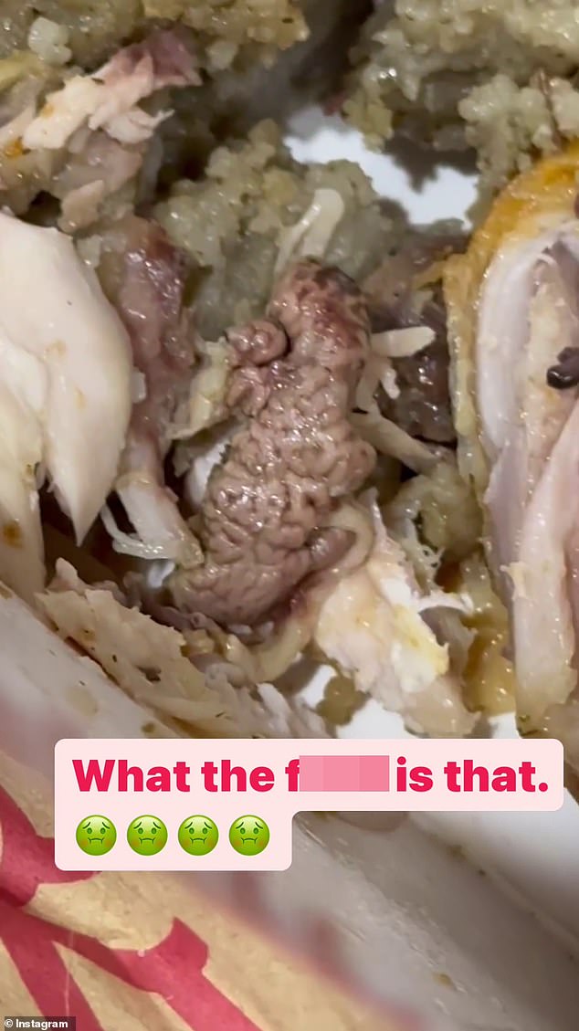 “We ordered a Red Rooster chicken last night and I stripped it down to give the chunky boneless bits to the dogs and look what I found in the damn chicken,” she said.  Hall then zoomed in on the chicken's remains to reveal an organ