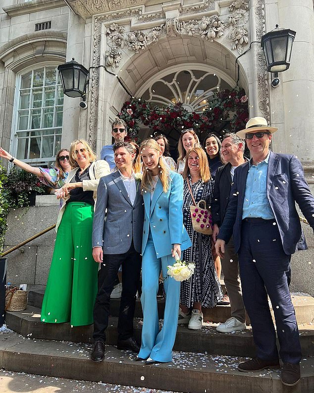 Flora exchanged vows at Chelsea Old Town Hall, in west London, with Adam Vallance, 34, an Oxford graduate, wearing a £1,400 Bella Freud suit