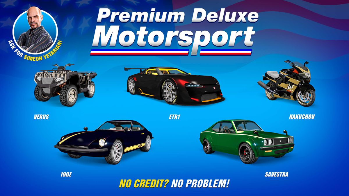 GTA Online promo art for vehicles for sale at Premium Deluxe Motorsport