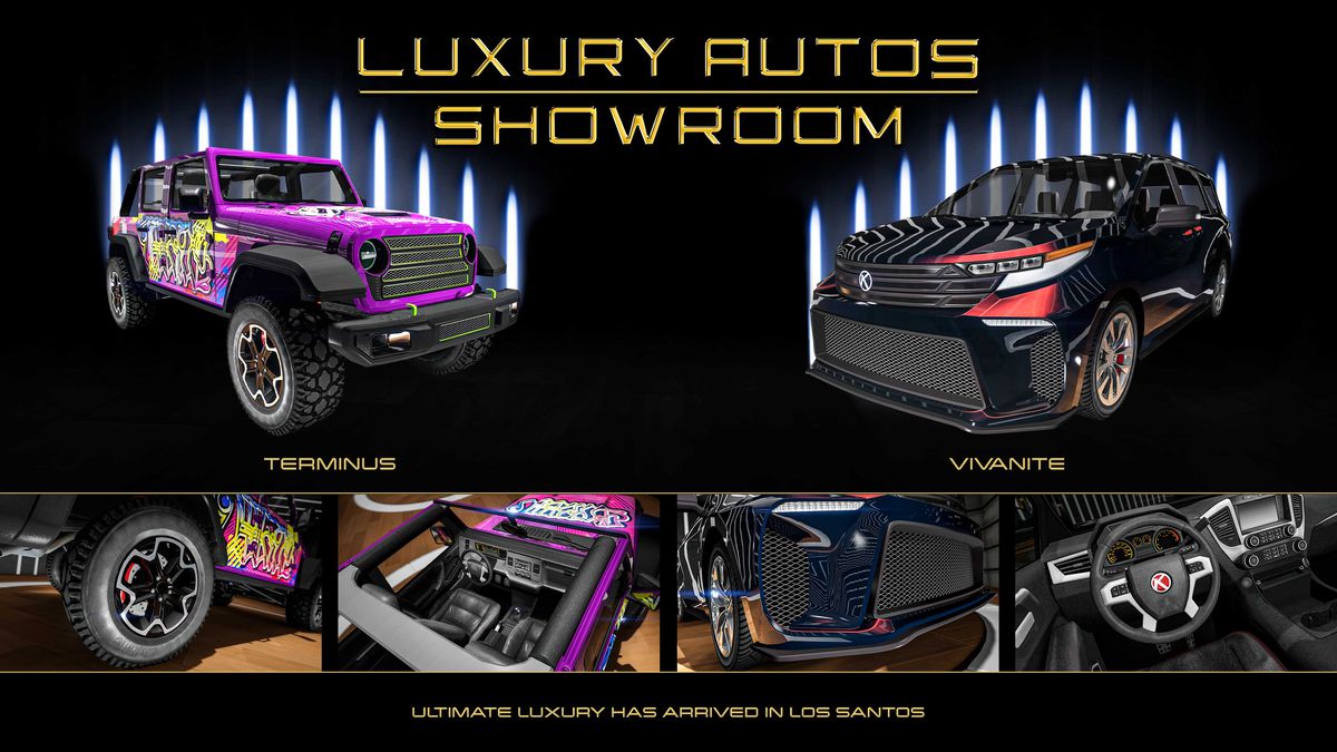 GTA Online promo art for vehicles for sale at Luxury Auto Showroom