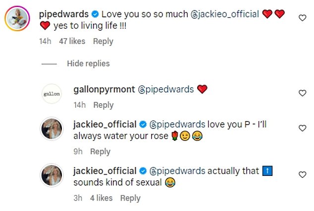 Jackie left a comment about watering Pip's rose, sparking rumors that the pair were an item