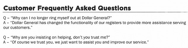 The question and answer section of Dollar General's employee handbook lists what employees should say when customers ask, 