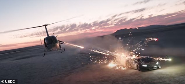 The Michael Bay-esque scene was filmed over El Mirage Lake in the Mojave Desert in what the FBI said was June, to ring in the Fourth of July