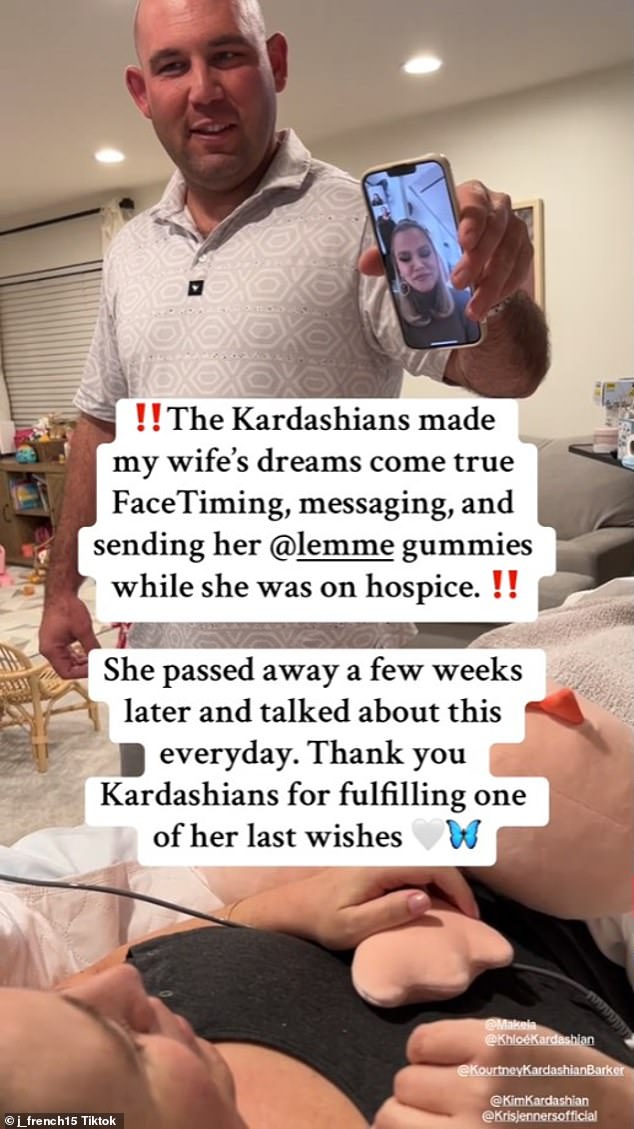 The star and her sisters Kim, 43, and Kourtney, 45, received a shoutout from the wife of a self-proclaimed Kardashian superfan, Kirsten French, who thanked them for making her dying wish come true