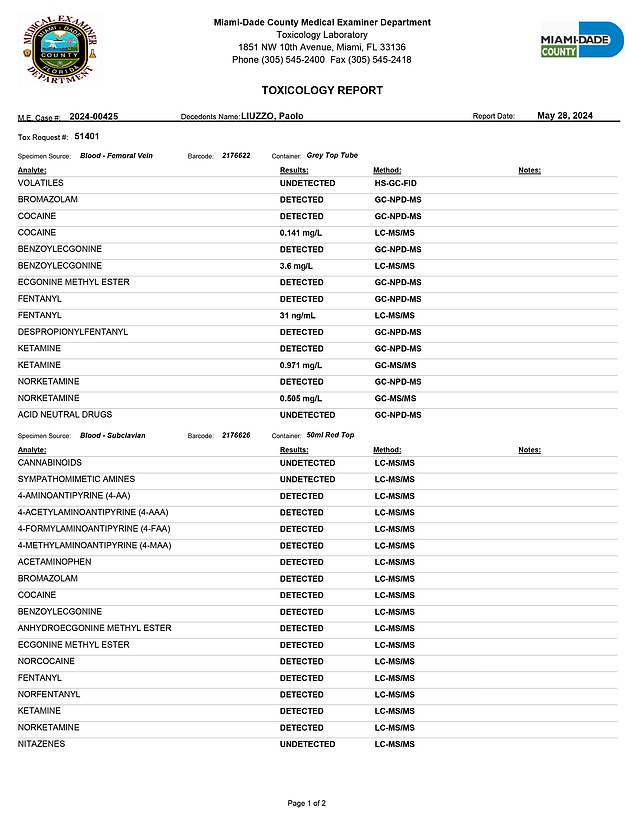 The toxicology report listed several drugs, including cocaine, fentanyl, bromazalom and ketamine