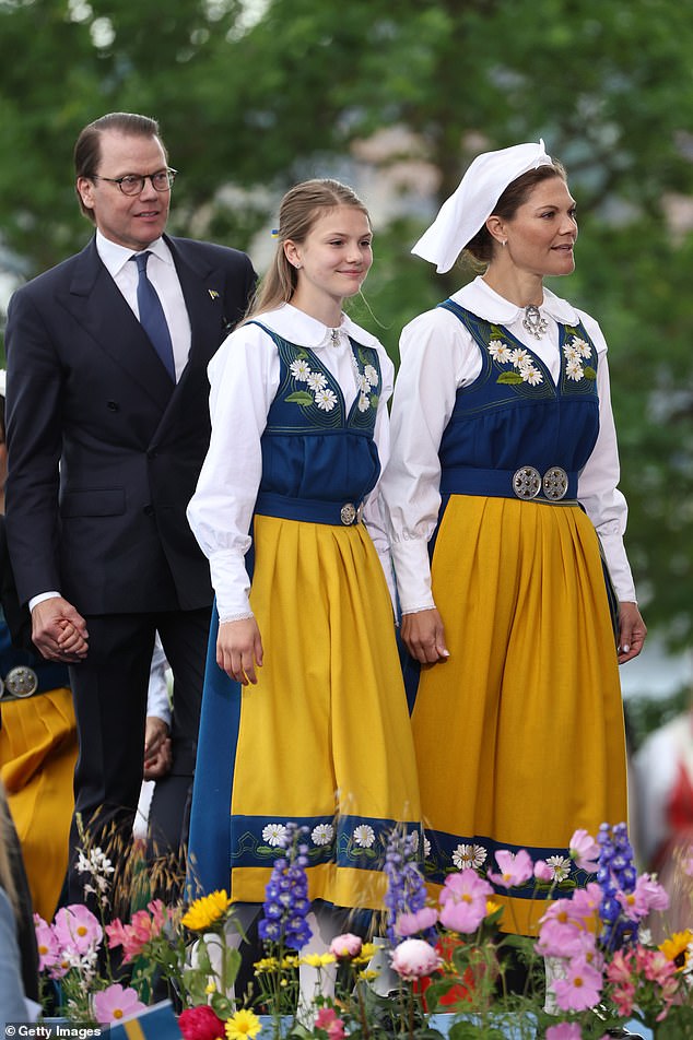 Crown Princess Victoria and Princess Estelle held hands as they walked, while Prince Oscar held his father's hand